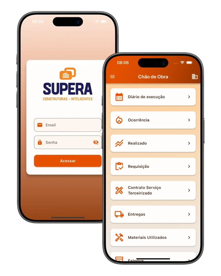 App Supera Chão de Obra: menu com diário de execução, ocorrências, requisições e entregas